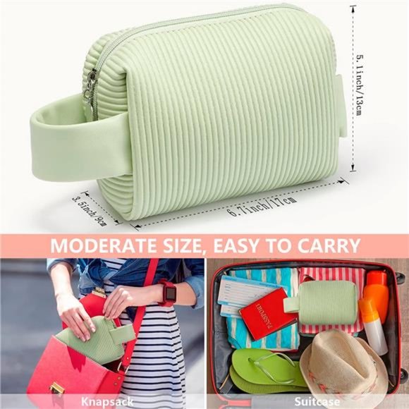 Striped Corduroy Cosmetic Bag, Waterproof Cosmetic Pouch with Handle - Picture 3 of 4